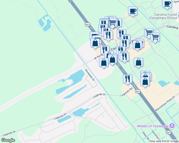 map of restaurants, bars, coffee shops, grocery stores, and more near 115 Rockdale Street in Myrtle Beach