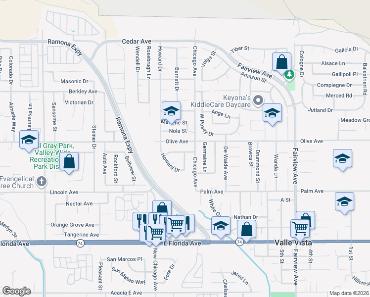 map of restaurants, bars, coffee shops, grocery stores, and more near 43444 Avenue Miraflores in Hemet