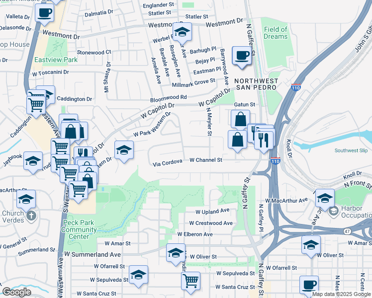 map of restaurants, bars, coffee shops, grocery stores, and more near 1114 North Park Western Drive in Los Angeles