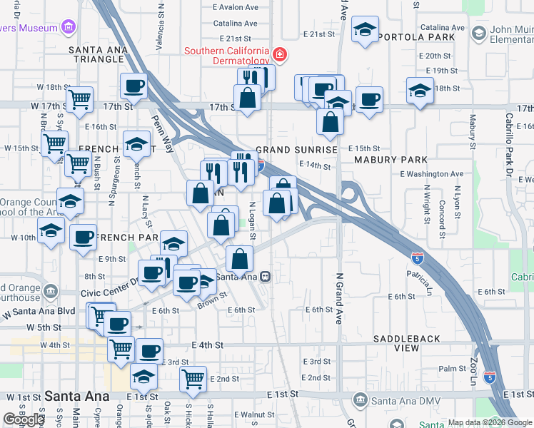 map of restaurants, bars, coffee shops, grocery stores, and more near 1022 Lincoln Avenue in Santa Ana