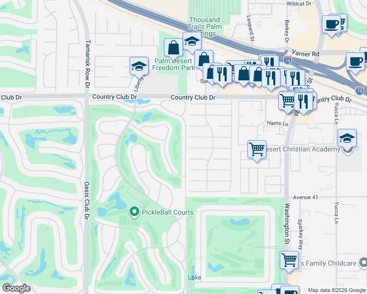 map of restaurants, bars, coffee shops, grocery stores, and more near 40523 Preston Trail in Palm Desert