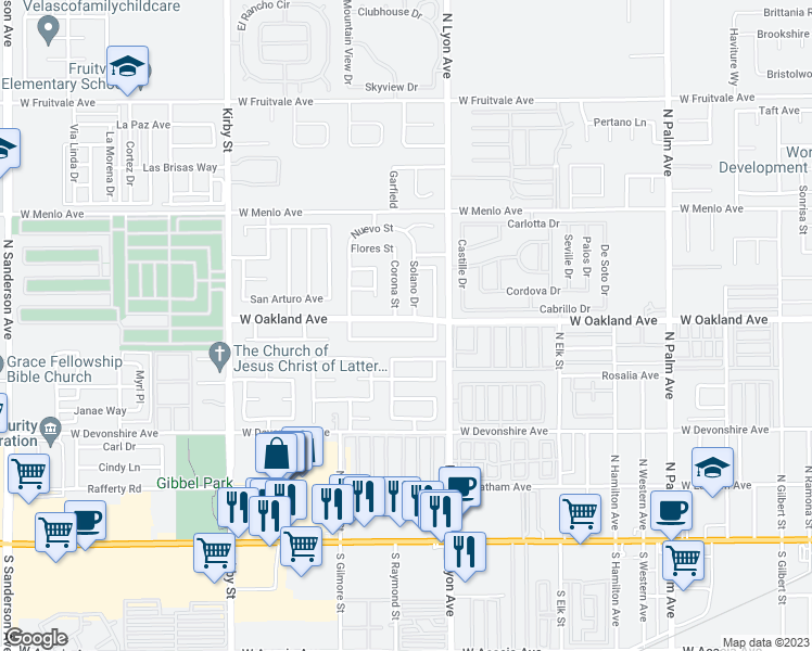 map of restaurants, bars, coffee shops, grocery stores, and more near 1833 West Oakland Avenue in Hemet