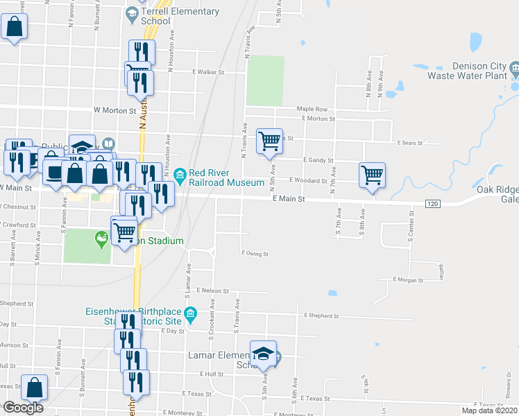 map of restaurants, bars, coffee shops, grocery stores, and more near 416 East Main Street in Denison