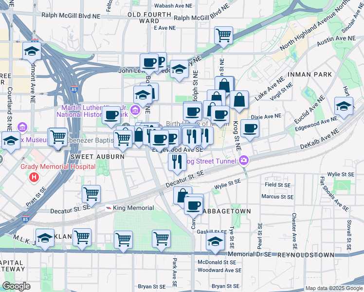 map of restaurants, bars, coffee shops, grocery stores, and more near 560 Edgewood Avenue Southeast in Atlanta