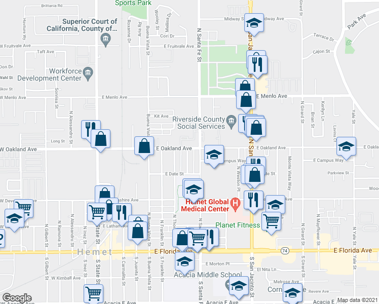 map of restaurants, bars, coffee shops, grocery stores, and more near 458 North Taylor Street in Hemet