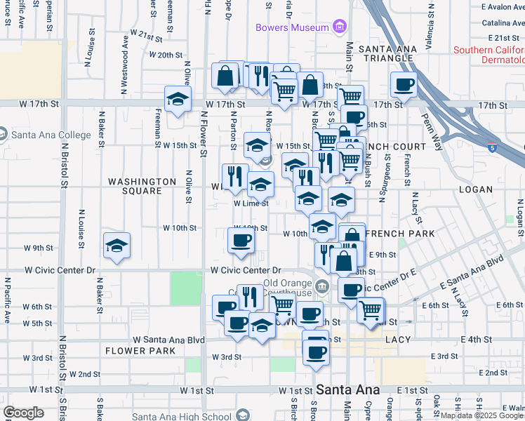map of restaurants, bars, coffee shops, grocery stores, and more near 1024 North Ross Street in Santa Ana