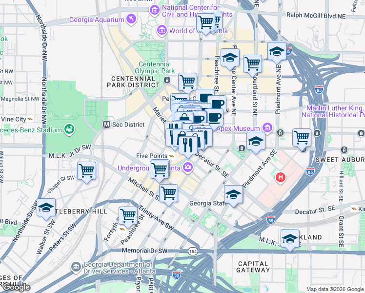 map of restaurants, bars, coffee shops, grocery stores, and more near in Atlanta