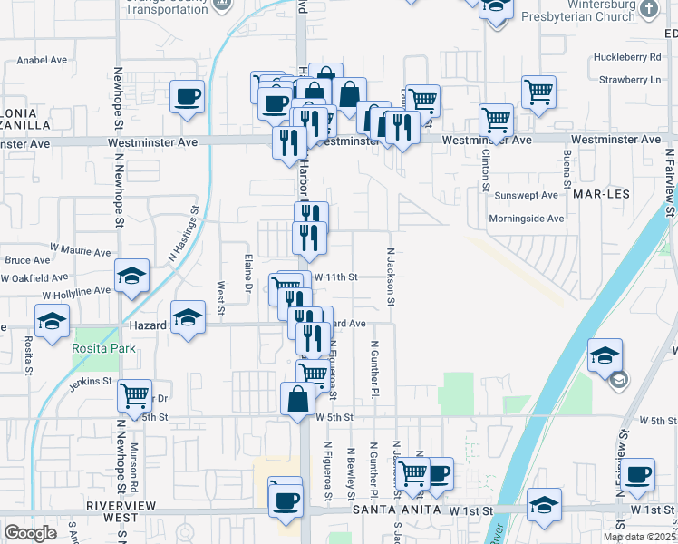 map of restaurants, bars, coffee shops, grocery stores, and more near 3625 West 11th Street in Santa Ana