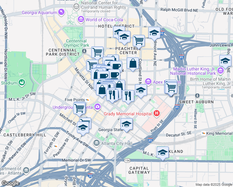 map of restaurants, bars, coffee shops, grocery stores, and more near 58 Edgewood Avenue Southeast in Atlanta