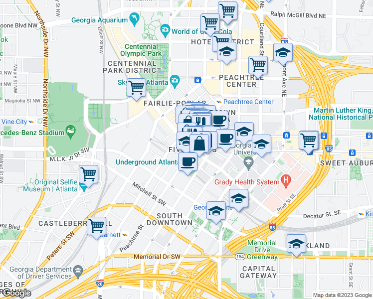 map of restaurants, bars, coffee shops, grocery stores, and more near 14 Marietta Street in Atlanta