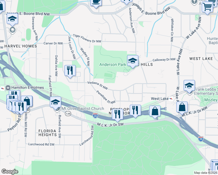 map of restaurants, bars, coffee shops, grocery stores, and more near 2073 Verbena Street Northwest in Atlanta