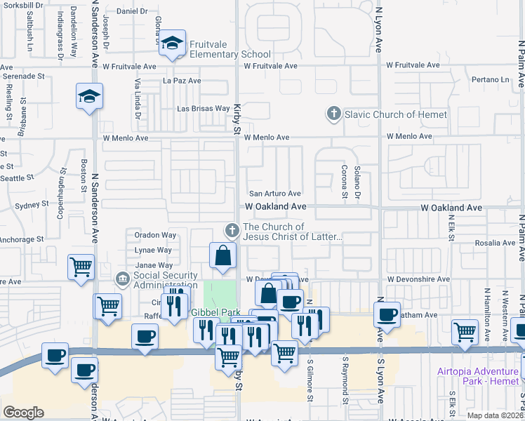 map of restaurants, bars, coffee shops, grocery stores, and more near 2363 West Oakland Avenue in Hemet