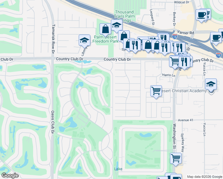 map of restaurants, bars, coffee shops, grocery stores, and more near 40523 Preston Trail in Palm Desert