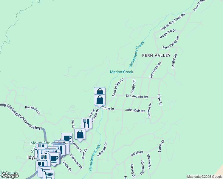 map of restaurants, bars, coffee shops, grocery stores, and more near 25445 Fern Valley Road in Idyllwild-Pine Cove