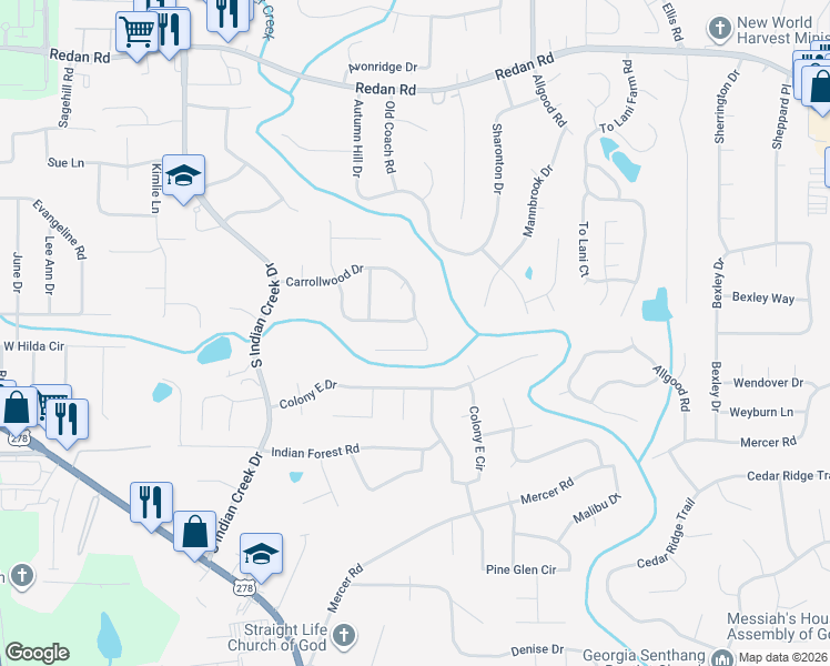 map of restaurants, bars, coffee shops, grocery stores, and more near 4331 Carrollwood Drive in Stone Mountain