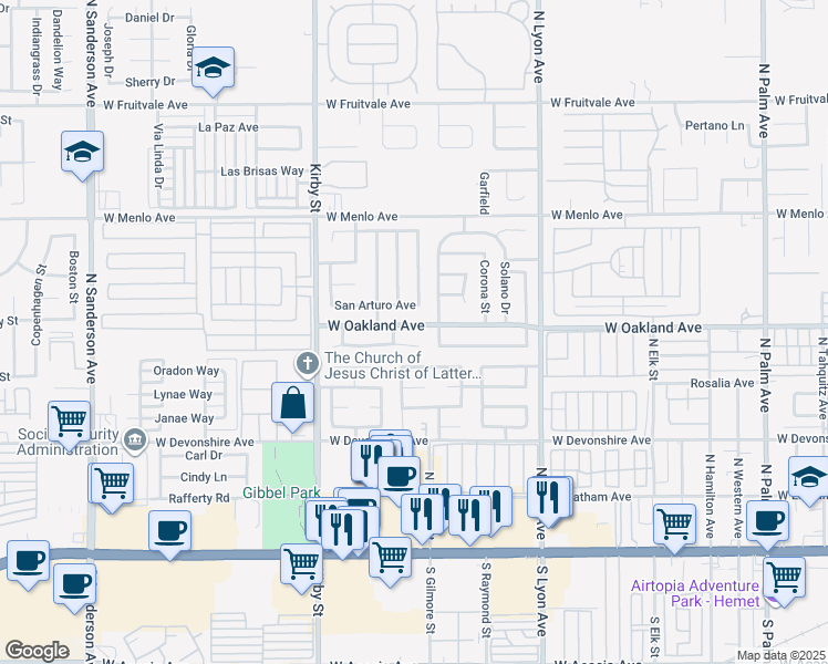 map of restaurants, bars, coffee shops, grocery stores, and more near 2147 West Oakland Avenue in Hemet
