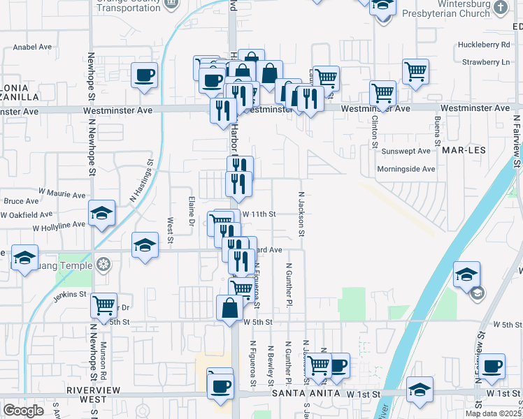 map of restaurants, bars, coffee shops, grocery stores, and more near 1102 North Bewley Street in Santa Ana