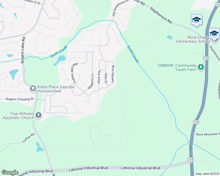 map of restaurants, bars, coffee shops, grocery stores, and more near 1728 Rice Square in Lithonia