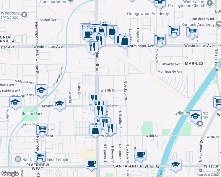 map of restaurants, bars, coffee shops, grocery stores, and more near 1102 North Bewley Street in Santa Ana