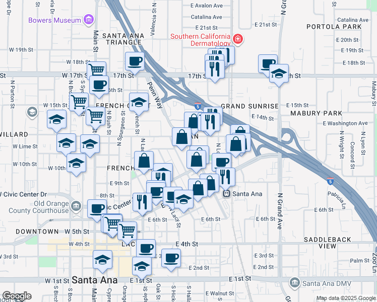 map of restaurants, bars, coffee shops, grocery stores, and more near 700-798 Vance St in Santa Ana