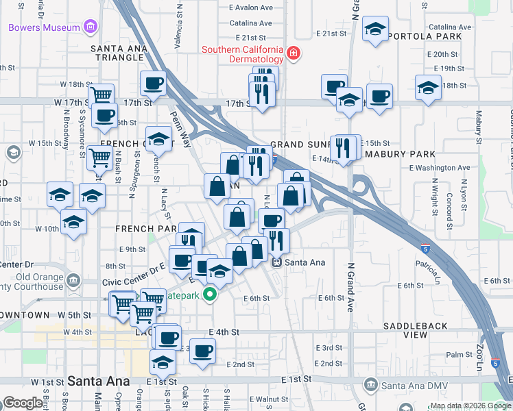map of restaurants, bars, coffee shops, grocery stores, and more near 1023 North Custer Street in Santa Ana