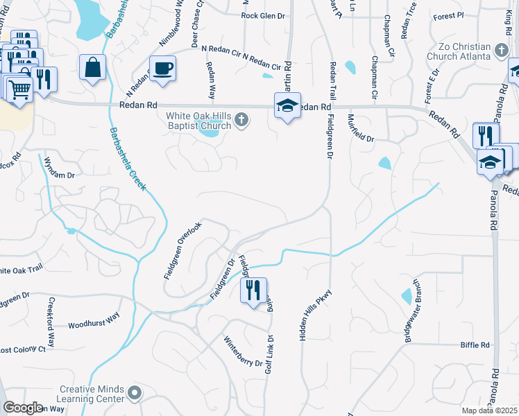 map of restaurants, bars, coffee shops, grocery stores, and more near 5107 Golfbrook Drive in Stone Mountain