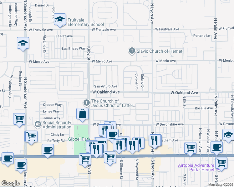 map of restaurants, bars, coffee shops, grocery stores, and more near 2147 West Oakland Avenue in Hemet