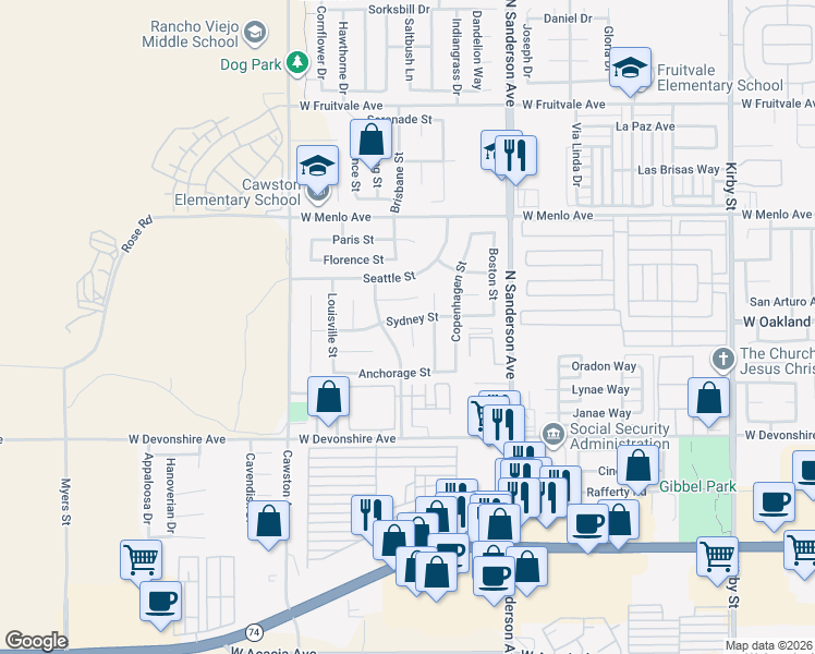 map of restaurants, bars, coffee shops, grocery stores, and more near 3671 Sydney Street in Hemet