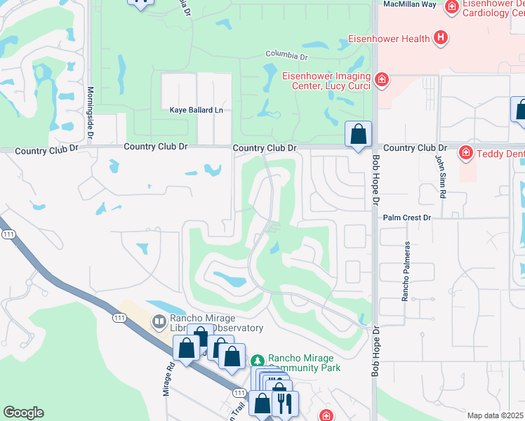 map of restaurants, bars, coffee shops, grocery stores, and more near 5 Valencia Drive in Rancho Mirage
