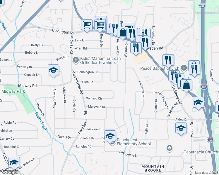map of restaurants, bars, coffee shops, grocery stores, and more near 3512 Orchard Circle in Decatur