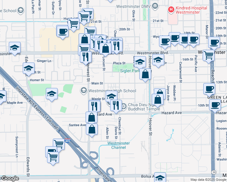 map of restaurants, bars, coffee shops, grocery stores, and more near in Westminster