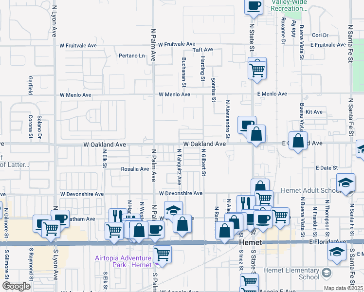 map of restaurants, bars, coffee shops, grocery stores, and more near 675 West Oakland Avenue in Hemet