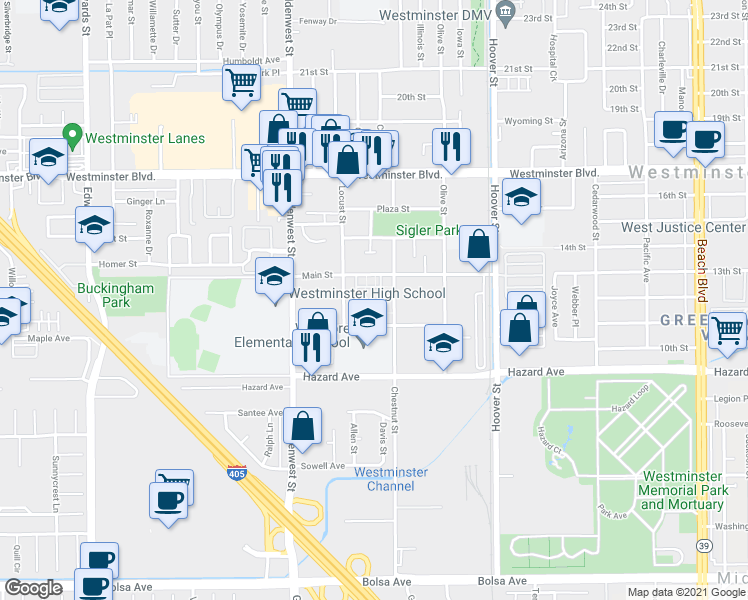 map of restaurants, bars, coffee shops, grocery stores, and more near 14292 Village Way in Westminster