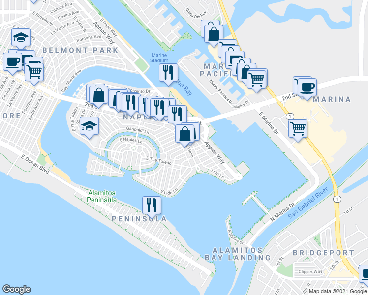 map of restaurants, bars, coffee shops, grocery stores, and more near in Long Beach