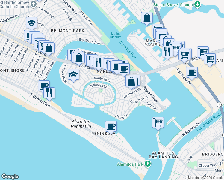 map of restaurants, bars, coffee shops, grocery stores, and more near 142 Rivo Alto Canal in Long Beach
