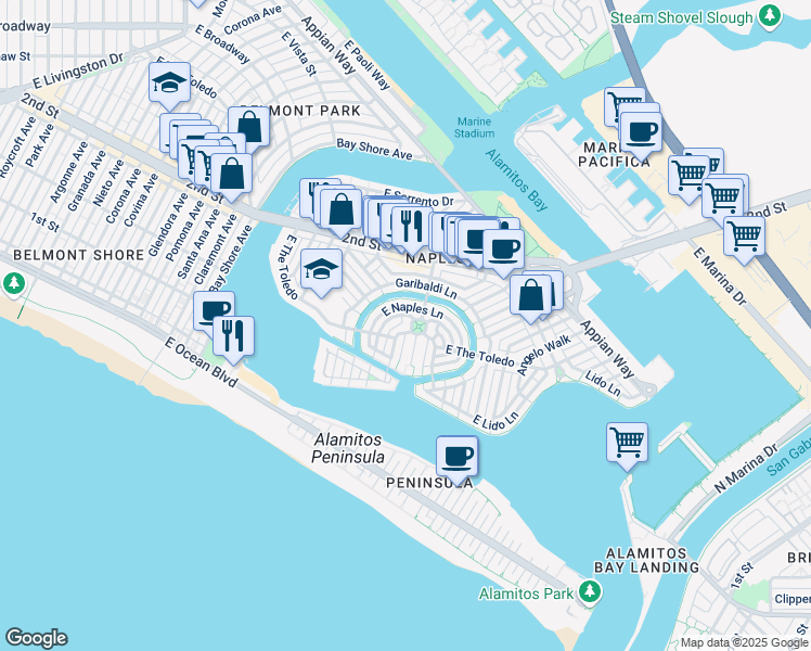 map of restaurants, bars, coffee shops, grocery stores, and more near 90 Corinthian Walk in Long Beach