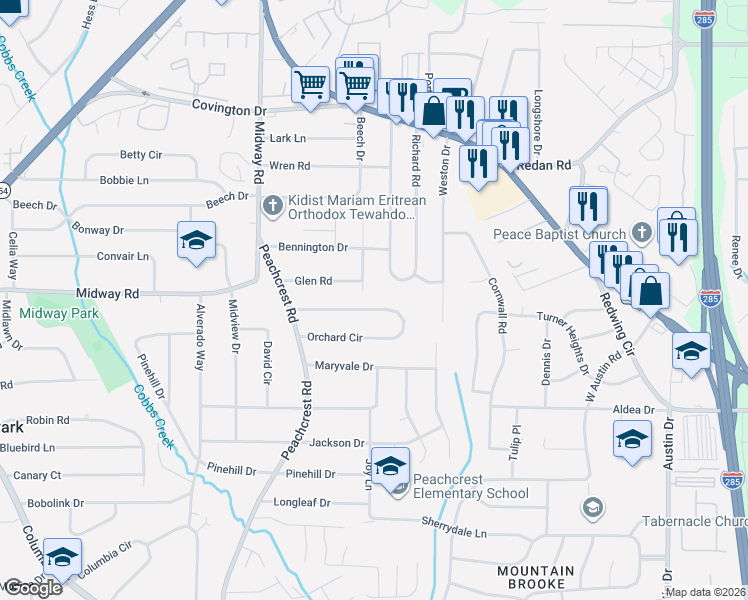 map of restaurants, bars, coffee shops, grocery stores, and more near 3512 Orchard Circle in Decatur
