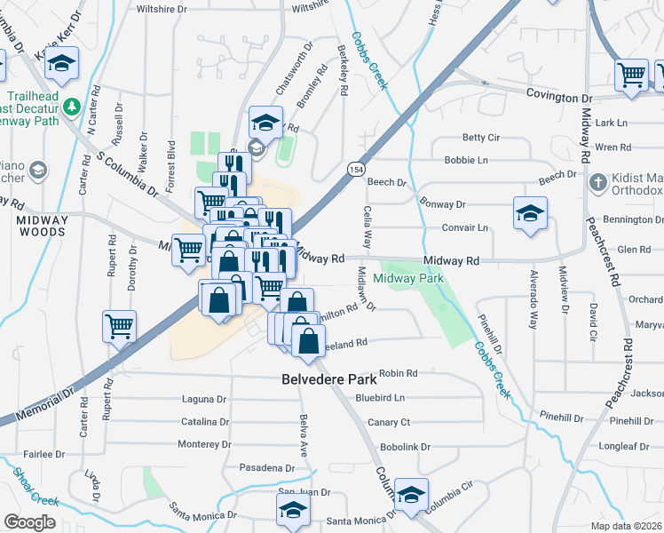 map of restaurants, bars, coffee shops, grocery stores, and more near 3073 Midway Road in Decatur