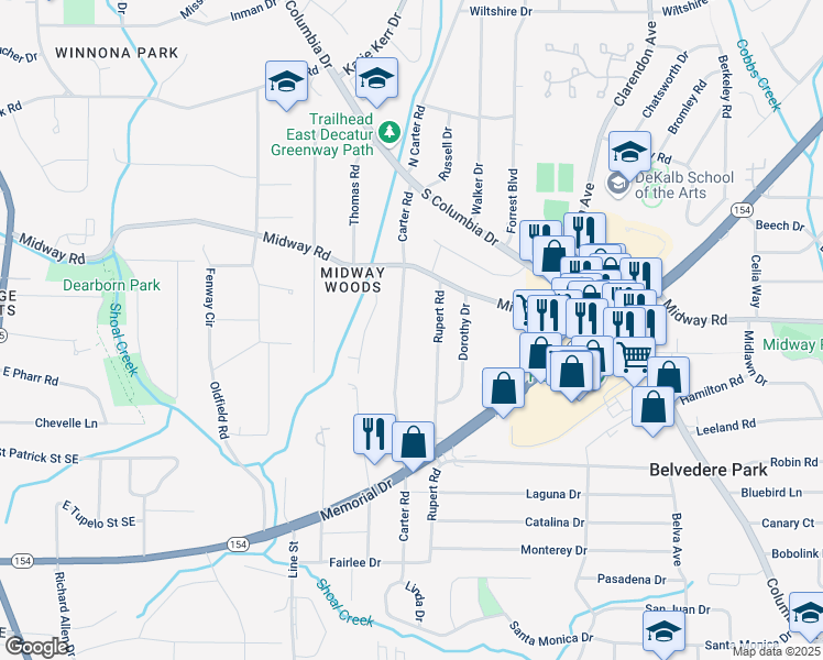 map of restaurants, bars, coffee shops, grocery stores, and more near 1342 Carter Road in Decatur