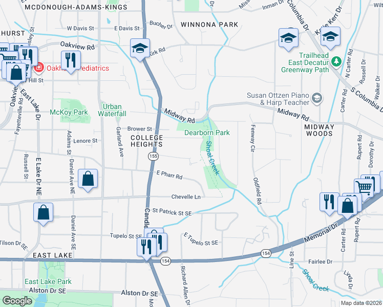 map of restaurants, bars, coffee shops, grocery stores, and more near 127 West Dearborn Circle in Decatur