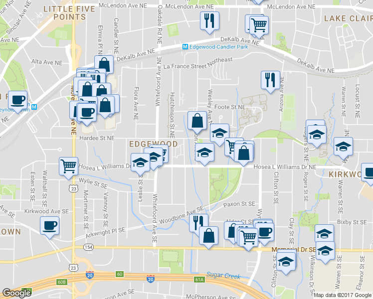 map of restaurants, bars, coffee shops, grocery stores, and more near 36 Mayson Avenue Northeast in Atlanta