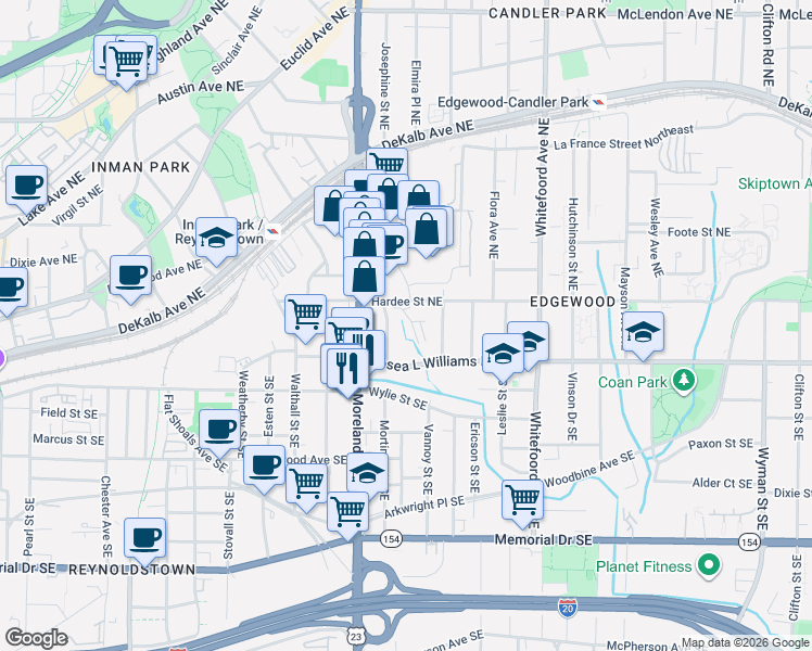 map of restaurants, bars, coffee shops, grocery stores, and more near 31 Screven Street Northeast in Atlanta