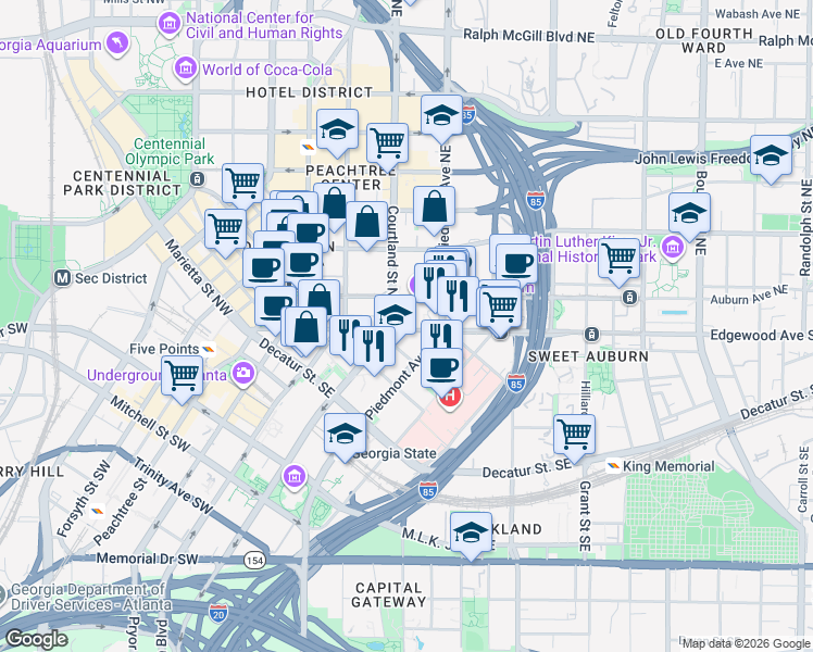 map of restaurants, bars, coffee shops, grocery stores, and more near 124 Edgewood Avenue Northeast in Atlanta