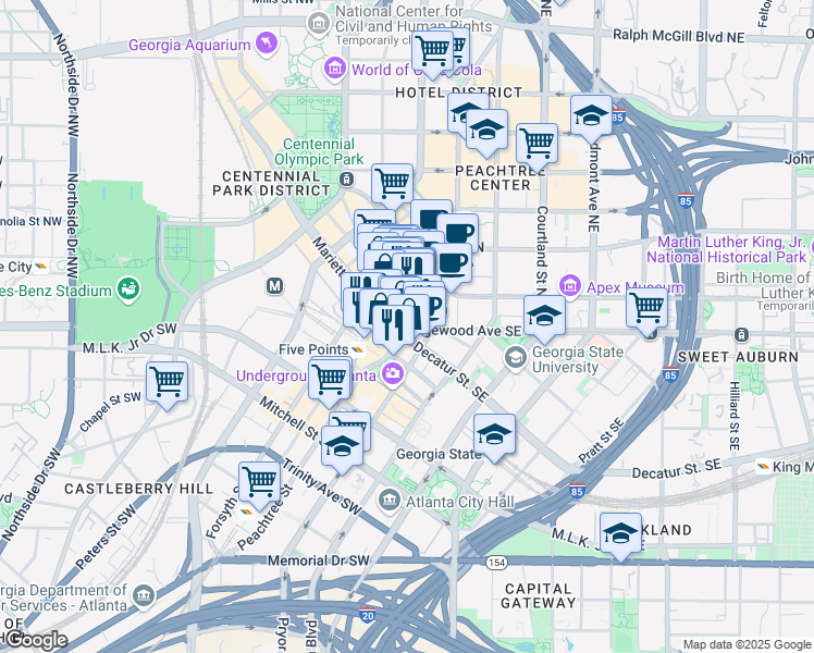 map of restaurants, bars, coffee shops, grocery stores, and more near in Atlanta