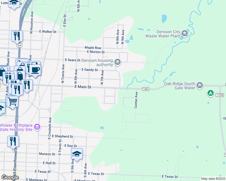 map of restaurants, bars, coffee shops, grocery stores, and more near 728 East Main Street in Denison