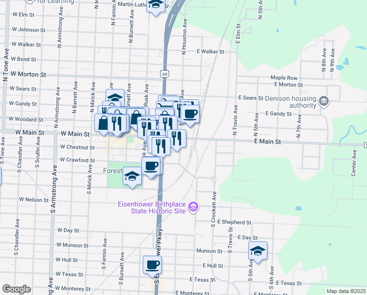 map of restaurants, bars, coffee shops, grocery stores, and more near 117 South Houston Avenue in Denison