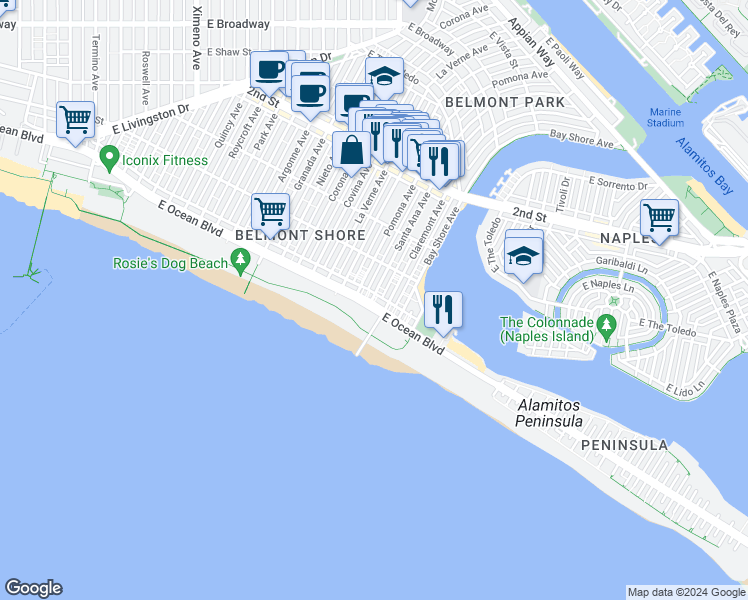 map of restaurants, bars, coffee shops, grocery stores, and more near 5351 East Ocean Boulevard in Long Beach