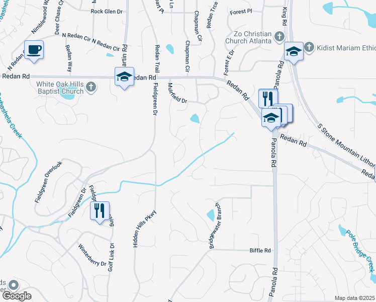 map of restaurants, bars, coffee shops, grocery stores, and more near 1314 Muirforest Drive in Stone Mountain
