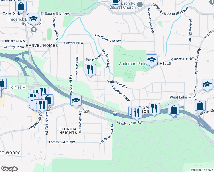 map of restaurants, bars, coffee shops, grocery stores, and more near 67 Wadley Street Northwest in Atlanta