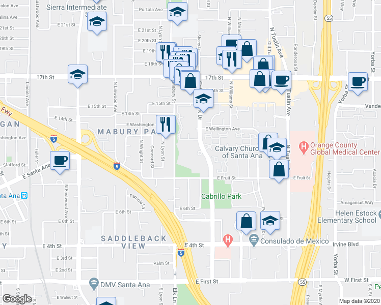 map of restaurants, bars, coffee shops, grocery stores, and more near 1068 Cabrillo Park Drive in Santa Ana